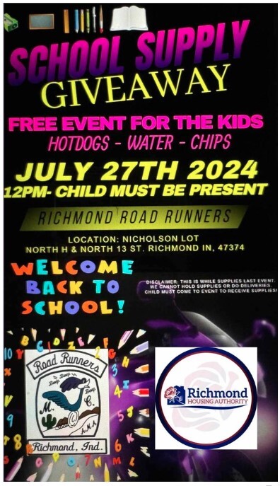 School Supply Giveaway Flyer. All information on this flyer is listed above.